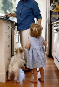 Toddler and dog in kitchen with their parent cooking